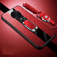 Coque Silicone Gel Motif Cuir Housse Etui avec Support Bague Anneau Aimante Magnetique pour Xiaomi Poco F2 Pro Rouge