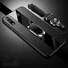 Coque Silicone Gel Motif Cuir Housse Etui avec Support Bague Anneau Aimante Magnetique S01 pour Huawei Enjoy 10 Noir