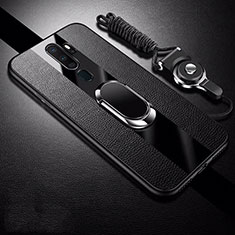 Coque Silicone Gel Motif Cuir Housse Etui avec Support Bague Anneau Aimante Magnetique S01 pour Oppo A11 Noir