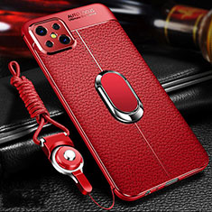 Coque Silicone Gel Motif Cuir Housse Etui avec Support Bague Anneau Aimante Magnetique S01 pour Oppo A92s 5G Rouge