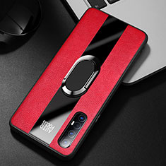 Coque Silicone Gel Motif Cuir Housse Etui avec Support Bague Anneau Aimante Magnetique S01 pour Oppo Find X2 Neo Rouge