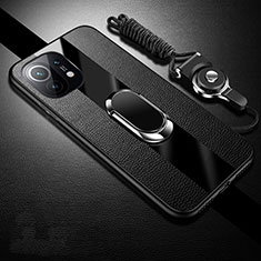 Coque Silicone Gel Motif Cuir Housse Etui avec Support Bague Anneau Aimante Magnetique S01 pour Xiaomi Mi 11 5G Noir