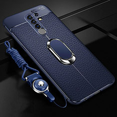 Coque Silicone Gel Motif Cuir Housse Etui avec Support Bague Anneau Aimante Magnetique S01 pour Xiaomi Poco M2 Bleu