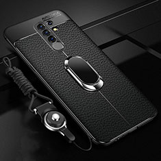 Coque Silicone Gel Motif Cuir Housse Etui avec Support Bague Anneau Aimante Magnetique S01 pour Xiaomi Poco M2 Noir