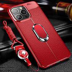 Coque Silicone Gel Motif Cuir Housse Etui avec Support Bague Anneau Aimante Magnetique S02 pour Apple iPhone 13 Pro Max Rouge