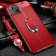 Coque Silicone Gel Motif Cuir Housse Etui avec Support Bague Anneau Aimante Magnetique S02 pour Apple iPhone 14 Plus Rouge