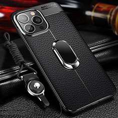 Coque Silicone Gel Motif Cuir Housse Etui avec Support Bague Anneau Aimante Magnetique S02 pour Apple iPhone 15 Pro Noir