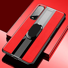 Coque Silicone Gel Motif Cuir Housse Etui avec Support Bague Anneau Aimante Magnetique S02 pour Oppo Find X2 Rouge