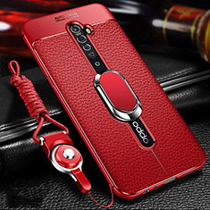 Coque Silicone Gel Motif Cuir Housse Etui avec Support Bague Anneau Aimante Magnetique S02 pour Oppo Reno2 Rouge