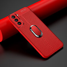 Coque Silicone Gel Motif Cuir Housse Etui avec Support Bague Anneau Aimante Magnetique S02 pour Samsung Galaxy S21 5G Rouge