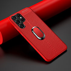 Coque Silicone Gel Motif Cuir Housse Etui avec Support Bague Anneau Aimante Magnetique S02 pour Samsung Galaxy S21 Ultra 5G Rouge