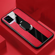 Coque Silicone Gel Motif Cuir Housse Etui avec Support Bague Anneau Aimante Magnetique S02 pour Vivo V20 Pro 5G Rouge