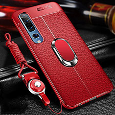 Coque Silicone Gel Motif Cuir Housse Etui avec Support Bague Anneau Aimante Magnetique S02 pour Xiaomi Mi 10 Pro Rouge