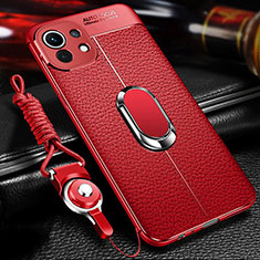 Coque Silicone Gel Motif Cuir Housse Etui avec Support Bague Anneau Aimante Magnetique S02 pour Xiaomi Mi 11 Lite 5G NE Rouge