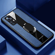 Coque Silicone Gel Motif Cuir Housse Etui avec Support Bague Anneau Aimante Magnetique S02 pour Xiaomi Mi 12 Pro 5G Bleu