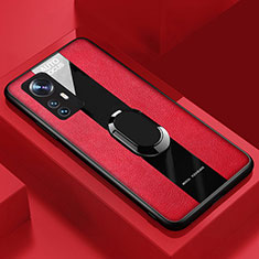 Coque Silicone Gel Motif Cuir Housse Etui avec Support Bague Anneau Aimante Magnetique S02 pour Xiaomi Mi 12 Pro 5G Rouge