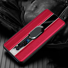 Coque Silicone Gel Motif Cuir Housse Etui avec Support Bague Anneau Aimante Magnetique S03 pour Oppo Reno2 Rouge