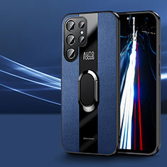 Coque Silicone Gel Motif Cuir Housse Etui avec Support Bague Anneau Aimante Magnetique S03 pour Samsung Galaxy S21 Ultra 5G Bleu