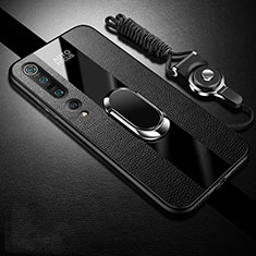 Coque Silicone Gel Motif Cuir Housse Etui avec Support Bague Anneau Aimante Magnetique S03 pour Xiaomi Mi 10 Pro Noir