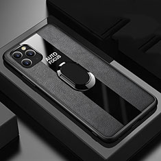 Coque Silicone Gel Motif Cuir Housse Etui avec Support Bague Anneau Aimante Magnetique T01 pour Apple iPhone 11 Pro Max Noir