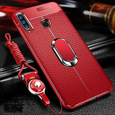 Coque Silicone Gel Motif Cuir Housse Etui avec Support Bague Anneau Aimante Magnetique T01 pour Huawei Honor 10i Rouge