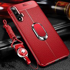 Coque Silicone Gel Motif Cuir Housse Etui avec Support Bague Anneau Aimante Magnetique T01 pour Huawei Honor 20S Rouge