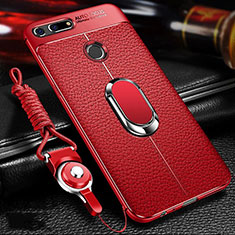 Coque Silicone Gel Motif Cuir Housse Etui avec Support Bague Anneau Aimante Magnetique T01 pour Huawei Honor View 20 Rouge