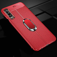 Coque Silicone Gel Motif Cuir Housse Etui avec Support Bague Anneau Aimante Magnetique T01 pour Huawei P30 Rouge