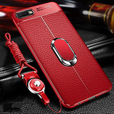 Coque Silicone Gel Motif Cuir Housse Etui avec Support Bague Anneau Aimante Magnetique T01 pour Oppo K1 Rouge