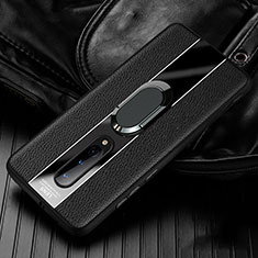 Coque Silicone Gel Motif Cuir Housse Etui avec Support Bague Anneau Aimante Magnetique T02 pour OnePlus 8 Noir