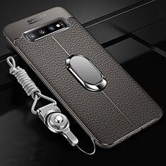 Coque Silicone Gel Motif Cuir Housse Etui avec Support Bague Anneau Aimante Magnetique T02 pour Samsung Galaxy S10 Gris