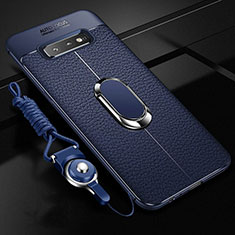 Coque Silicone Gel Motif Cuir Housse Etui avec Support Bague Anneau Aimante Magnetique T02 pour Samsung Galaxy S10 Plus Bleu