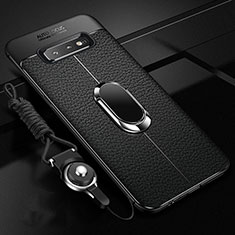 Coque Silicone Gel Motif Cuir Housse Etui avec Support Bague Anneau Aimante Magnetique T02 pour Samsung Galaxy S10 Plus Noir