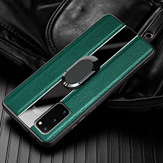 Coque Silicone Gel Motif Cuir Housse Etui avec Support Bague Anneau Aimante Magnetique T02 pour Samsung Galaxy S20 Vert