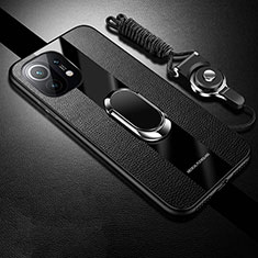 Coque Silicone Gel Motif Cuir Housse Etui avec Support Bague Anneau Aimante Magnetique T02 pour Xiaomi Mi 11 Lite 5G Noir