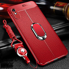 Coque Silicone Gel Motif Cuir Housse Etui avec Support Bague Anneau Aimante Magnetique T02 pour Xiaomi Redmi 9A Rouge