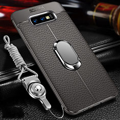 Coque Silicone Gel Motif Cuir Housse Etui avec Support Bague Anneau Aimante Magnetique T03 pour Samsung Galaxy S10e Gris