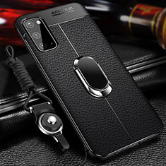 Coque Silicone Gel Motif Cuir Housse Etui avec Support Bague Anneau Aimante Magnetique WL1 pour Samsung Galaxy S20 Noir