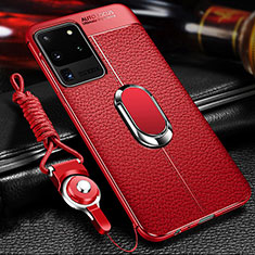 Coque Silicone Gel Motif Cuir Housse Etui avec Support Bague Anneau Aimante Magnetique WL1 pour Samsung Galaxy S20 Ultra Rouge