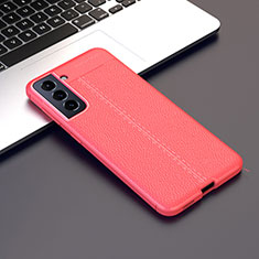 Coque Silicone Gel Motif Cuir Housse Etui pour Samsung Galaxy S21 Plus 5G Rouge