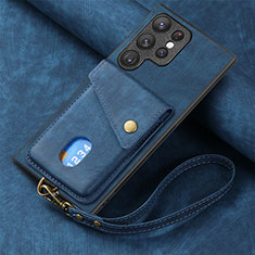 Coque Silicone Gel Motif Cuir Housse Etui SD1 pour Samsung Galaxy S22 Ultra 5G Bleu