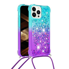 Coque Silicone Housse Etui Gel Bling-Bling avec Laniere Strap S01 pour Apple iPhone 13 Pro Max Bleu Ciel