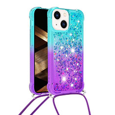 Coque Silicone Housse Etui Gel Bling-Bling avec Laniere Strap S01 pour Apple iPhone 15 Bleu Ciel