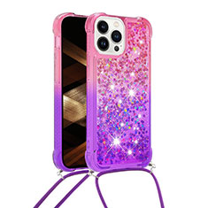 Coque Silicone Housse Etui Gel Bling-Bling avec Laniere Strap S01 pour Apple iPhone 15 Pro Max Rose Rouge