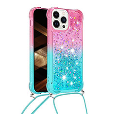 Coque Silicone Housse Etui Gel Bling-Bling avec Laniere Strap S01 pour Apple iPhone 15 Pro Rose