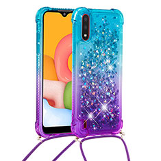 Coque Silicone Housse Etui Gel Bling-Bling avec Laniere Strap S01 pour Samsung Galaxy A01 SM-A015 Bleu Ciel