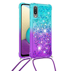 Coque Silicone Housse Etui Gel Bling-Bling avec Laniere Strap S01 pour Samsung Galaxy A02 Bleu Ciel