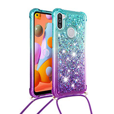 Coque Silicone Housse Etui Gel Bling-Bling avec Laniere Strap S01 pour Samsung Galaxy A11 Bleu Ciel