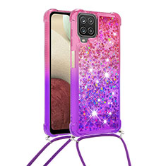 Coque Silicone Housse Etui Gel Bling-Bling avec Laniere Strap S01 pour Samsung Galaxy A12 5G Rose Rouge