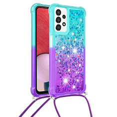 Coque Silicone Housse Etui Gel Bling-Bling avec Laniere Strap S01 pour Samsung Galaxy A13 4G Bleu Ciel